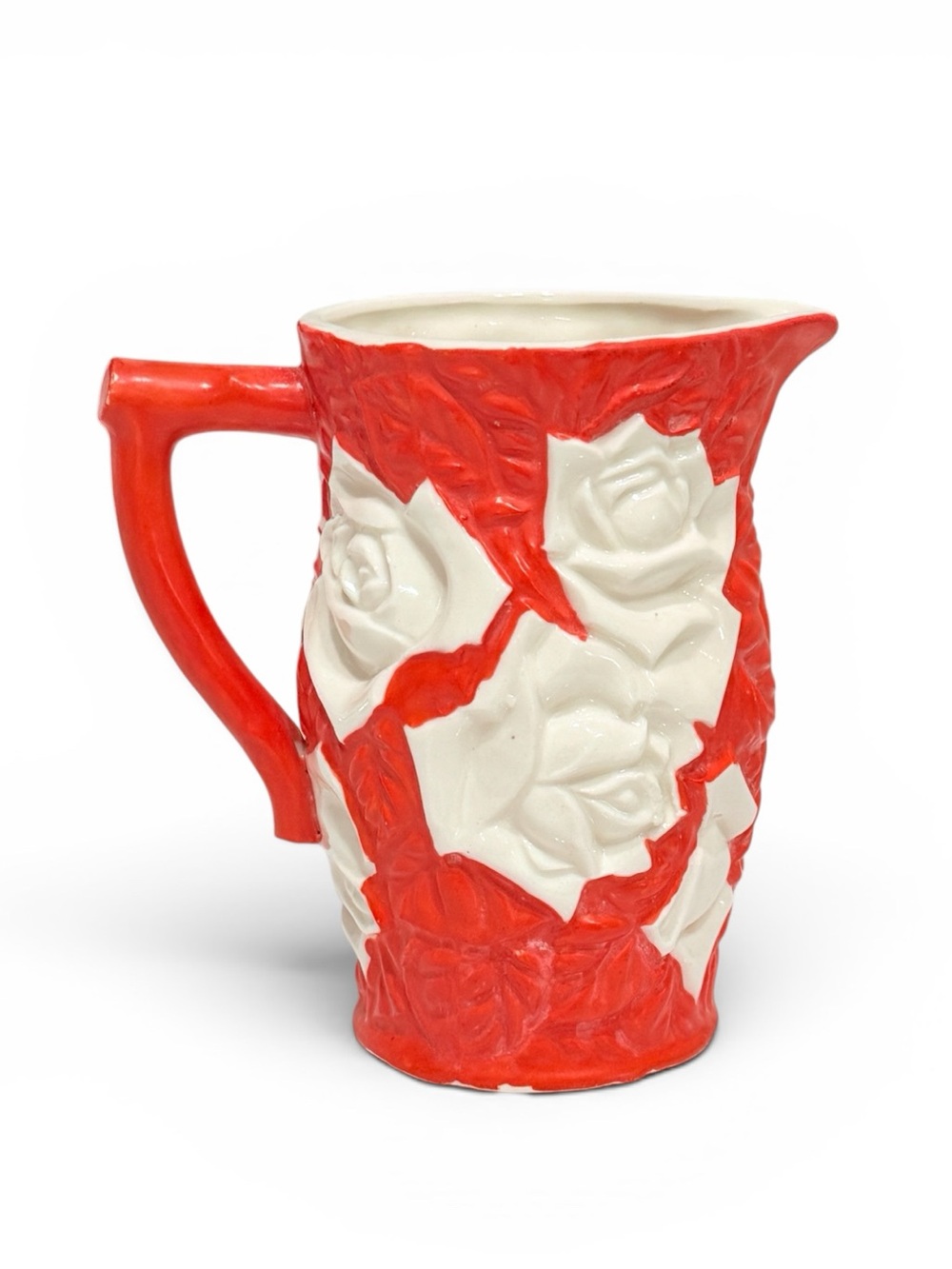 Rare Royal Trico Japan Ceramic Pitcher – Red & Cream Rose Relief, 1950s